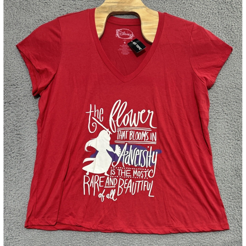 Disney x Hot Topic Mulan V Neck Flower Bloom Stamp T Shirt Womens Size 4 NEW